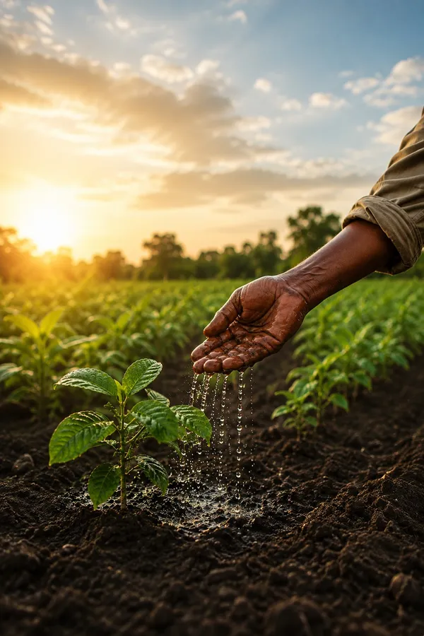 Hands holding hydroponic seedlings